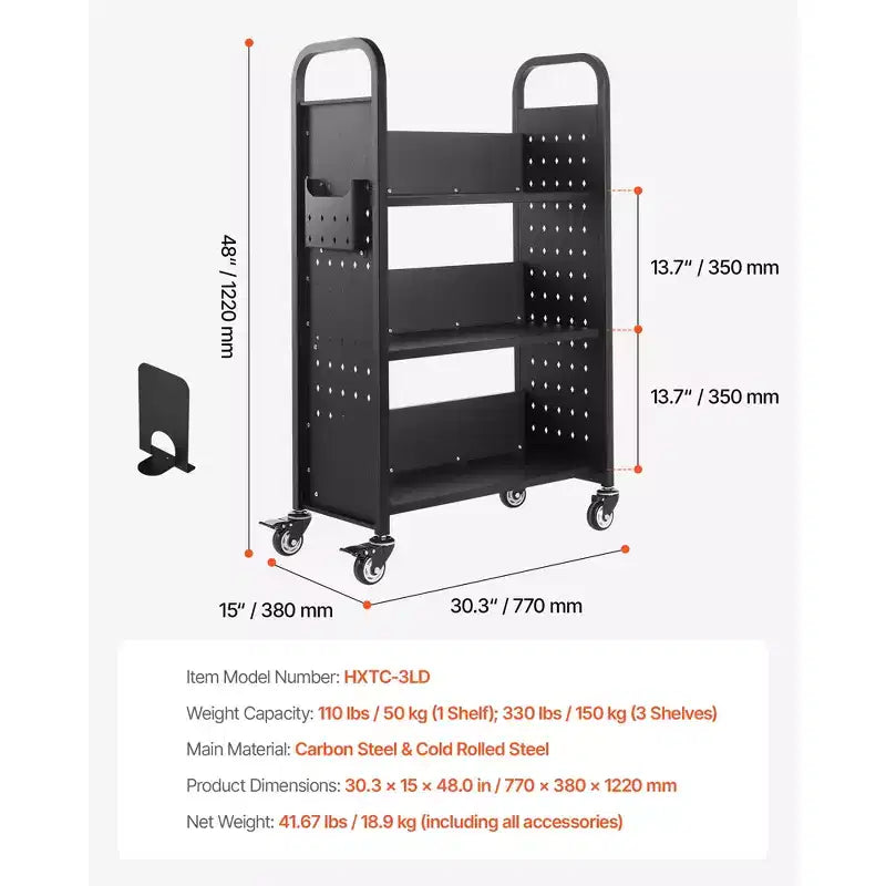 VEVOR Carrello da Biblioteca con Ruote, Capacità 150 kg, 77 x 38 x 122 cm, Carrello da Biblioteca con Ripiani a L su un Lato e Ruote Bloccabili da 3 Pollici, Nero