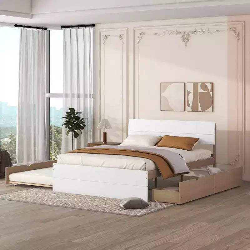 Struttura letto matrimoniale moderna con letto estraibile singolo e 2 cassetti, non necessita di box spring, struttura letto a piattaforma per camera da letto, bianco+rovere
