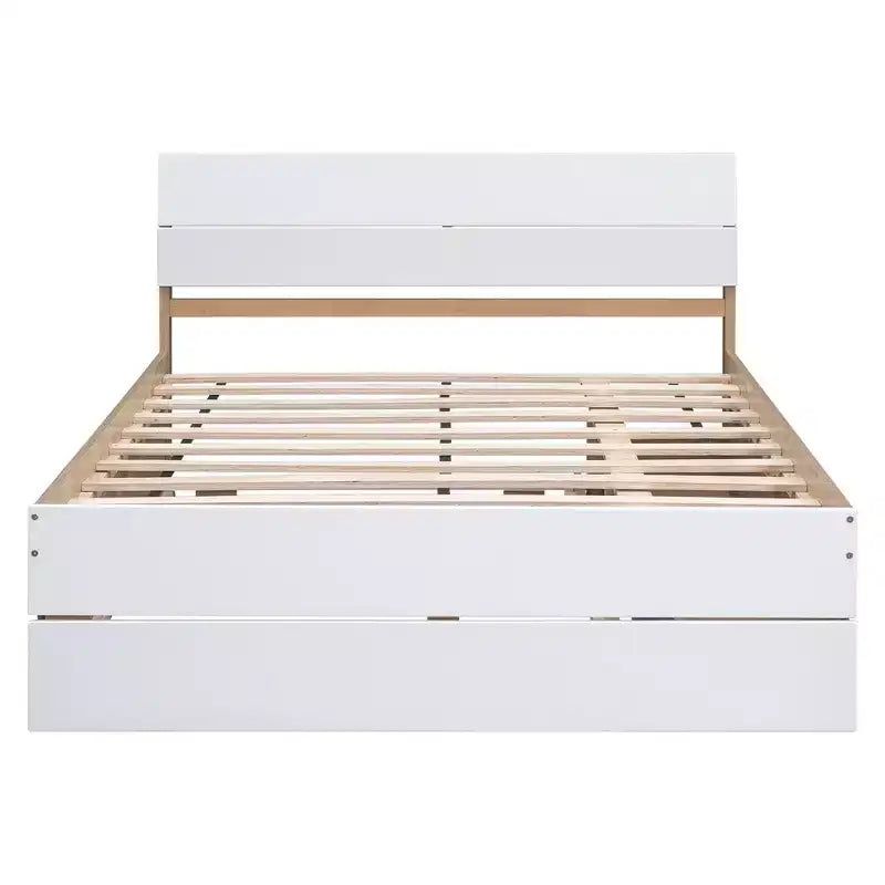 Struttura letto matrimoniale moderna con letto estraibile singolo e 2 cassetti, non necessita di box spring, struttura letto a piattaforma per camera da letto, bianco+rovere