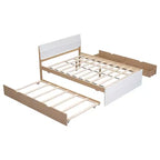 Struttura letto matrimoniale moderna con letto estraibile singolo e 2 cassetti, non necessita di box spring, struttura letto a piattaforma per camera da letto, bianco+rovere