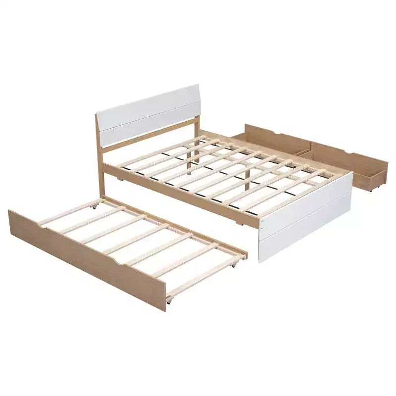 Struttura letto matrimoniale moderna con letto estraibile singolo e 2 cassetti, non necessita di box spring, struttura letto a piattaforma per camera da letto, bianco+rovere