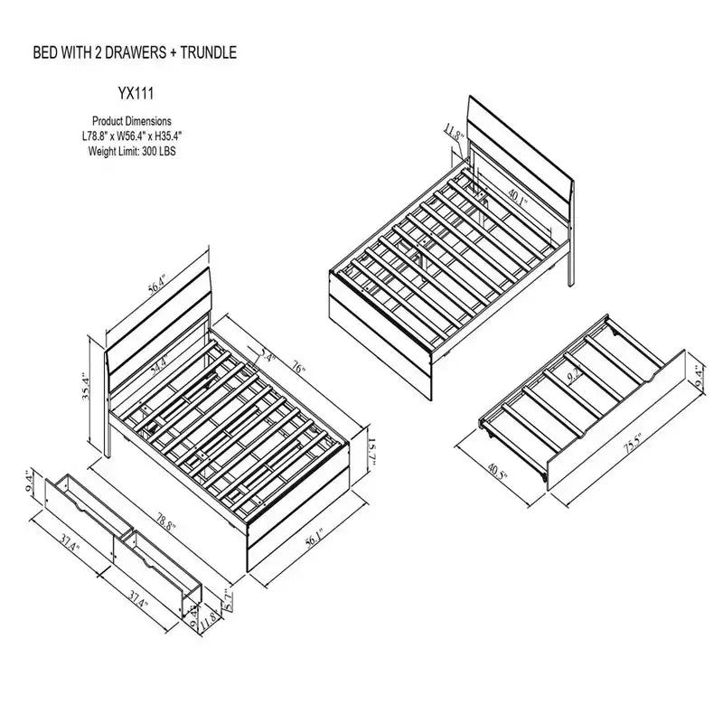 Struttura letto matrimoniale moderna con letto estraibile singolo e 2 cassetti, non necessita di box spring, struttura letto a piattaforma per camera da letto, bianco+rovere