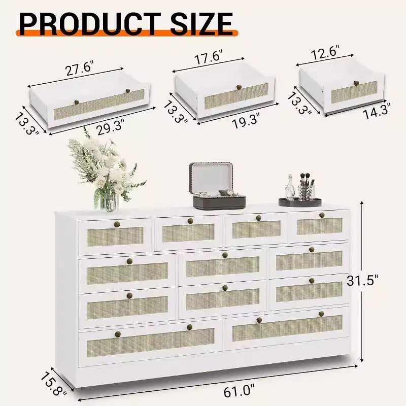 COZONY Cassettiera in legno a 12 cassetti per camera da letto, Comò in legno largo 61", Cassettiera moderna e porta TV per TV da 65" per soggiorno o corridoio