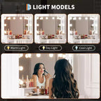 Specchiera Angolare da Comodino - Specchio a 3 Ante con 3 Modalità di Illuminazione, Stazione di Ricarica Integrata con Prese e Porte USB, per Camera da Letto, Studio di Trucco
