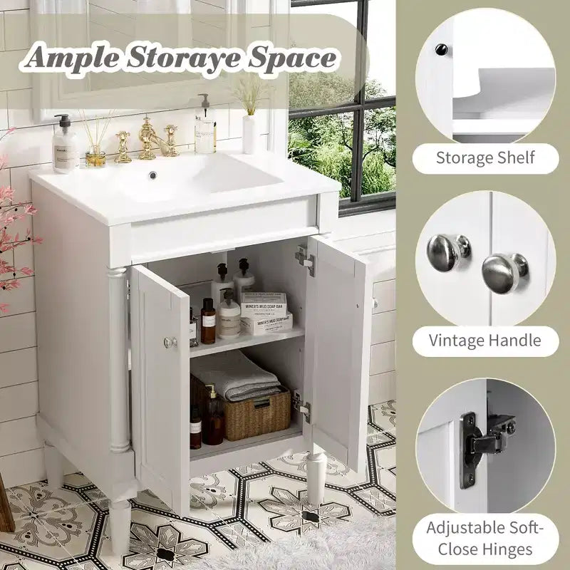 Mobile bagno da 60 cm con lavabo, armadietto da bagno con 2 ripiani, mobile da bagno in legno autoportante