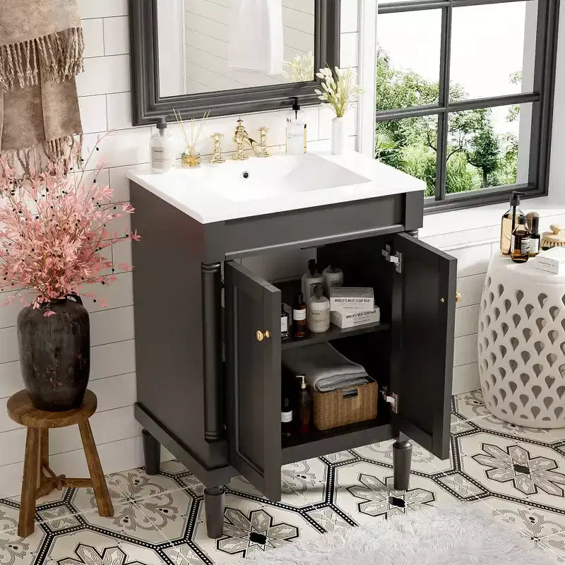 Mobile bagno da 60 cm con lavabo, armadietto da bagno con 2 ripiani, mobile da bagno in legno autoportante