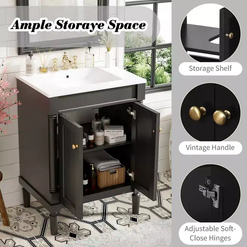 Mobile bagno da 60 cm con lavabo, armadietto da bagno con 2 ripiani, mobile da bagno in legno autoportante