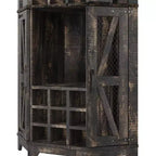 Mobile angolare da 72 pollici per bar in stile rustico con porta scorrevole a granaio, specchio acrilico, portabicchieri e portavini, noce - ModernLuxe