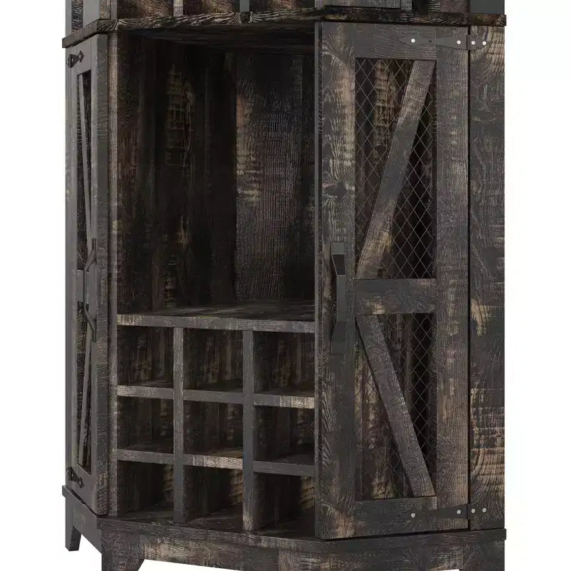 Mobile angolare da 72 pollici per bar in stile rustico con porta scorrevole a granaio, specchio acrilico, portabicchieri e portavini, noce - ModernLuxe