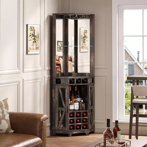 Mobile angolare da 72 pollici per bar in stile rustico con porta scorrevole a granaio, specchio acrilico, portabicchieri e portavini, noce - ModernLuxe