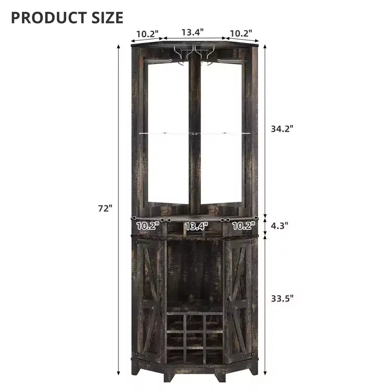 Mobile angolare da 72 pollici per bar in stile rustico con porta scorrevole a granaio, specchio acrilico, portabicchieri e portavini, noce - ModernLuxe
