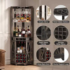 Mobile angolare da 72 pollici per bar in stile rustico con porta scorrevole a granaio, specchio acrilico, portabicchieri e portavini, noce - ModernLuxe