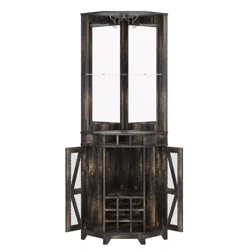 Mobile angolare da 72 pollici per bar in stile rustico con porta scorrevole a granaio, specchio acrilico, portabicchieri e portavini, noce - ModernLuxe