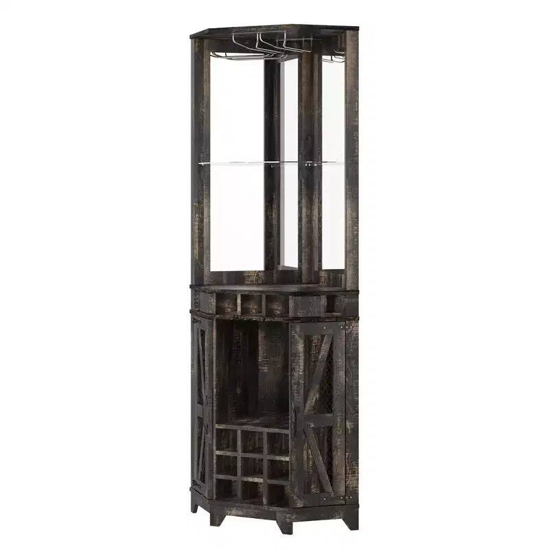 Mobile angolare da 72 pollici per bar in stile rustico con porta scorrevole a granaio, specchio acrilico, portabicchieri e portavini, noce - ModernLuxe