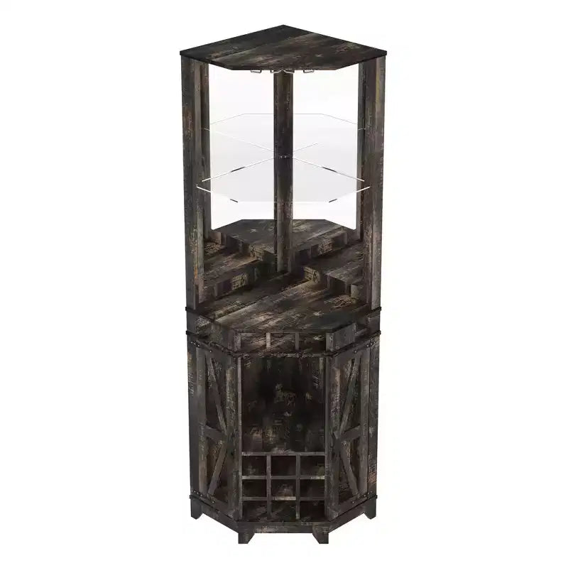 Mobile angolare da 72 pollici per bar in stile rustico con porta scorrevole a granaio, specchio acrilico, portabicchieri e portavini, noce - ModernLuxe