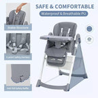 Seggiolone Pappa Pieghevole per Bambini con Imbracatura a 5 Punti - Altezza Regolabile, Vassoio Rimovibile e Ruote Bloccabili, Seggiolone Portatile in Pelle PU (Grigio Scuro)