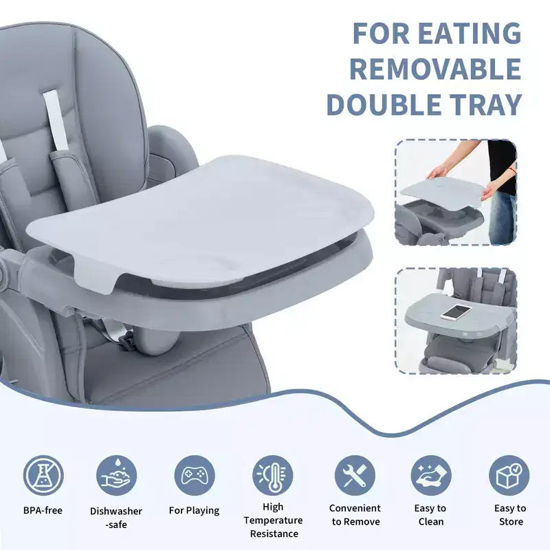Seggiolone Pappa Pieghevole per Bambini con Imbracatura a 5 Punti - Altezza Regolabile, Vassoio Rimovibile e Ruote Bloccabili, Seggiolone Portatile in Pelle PU (Grigio Scuro)