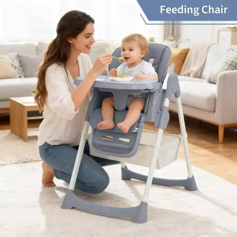 Seggiolone Pappa Pieghevole per Bambini con Imbracatura a 5 Punti - Altezza Regolabile, Vassoio Rimovibile e Ruote Bloccabili, Seggiolone Portatile in Pelle PU (Grigio Scuro)