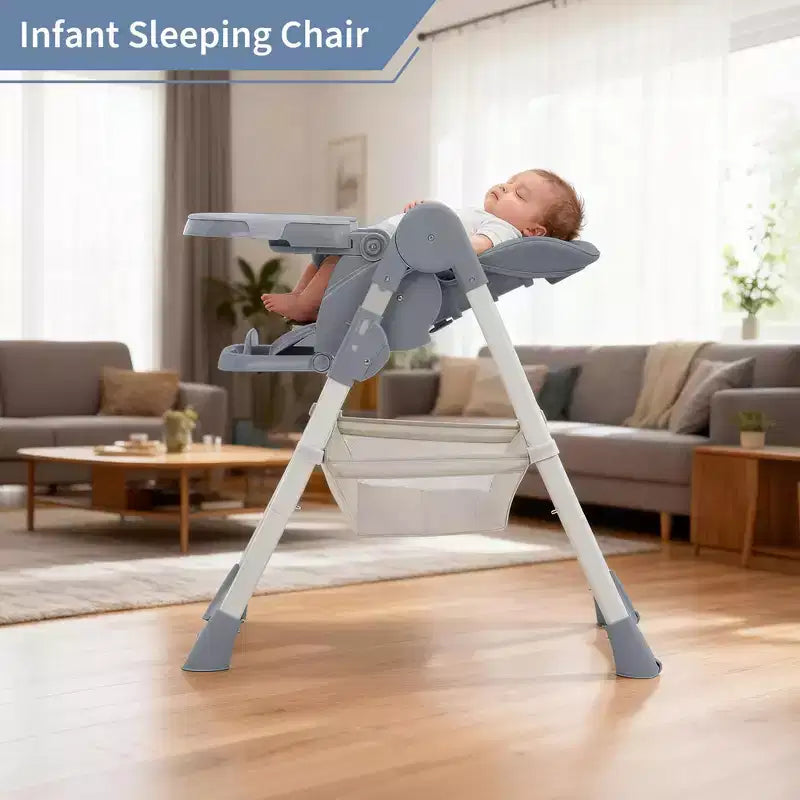 Seggiolone Pappa Pieghevole per Bambini con Imbracatura a 5 Punti - Altezza Regolabile, Vassoio Rimovibile e Ruote Bloccabili, Seggiolone Portatile in Pelle PU (Grigio Scuro)