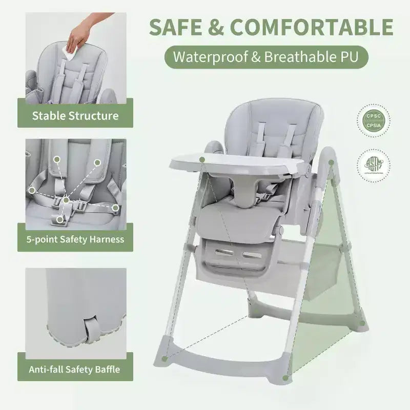 Seggiolone Pappa Pieghevole per Bambini con Imbracatura a 5 Punti - Altezza Regolabile, Vassoio Rimovibile e Ruote Bloccabili, Seggiolone Portatile in Pelle PU (Grigio Scuro)