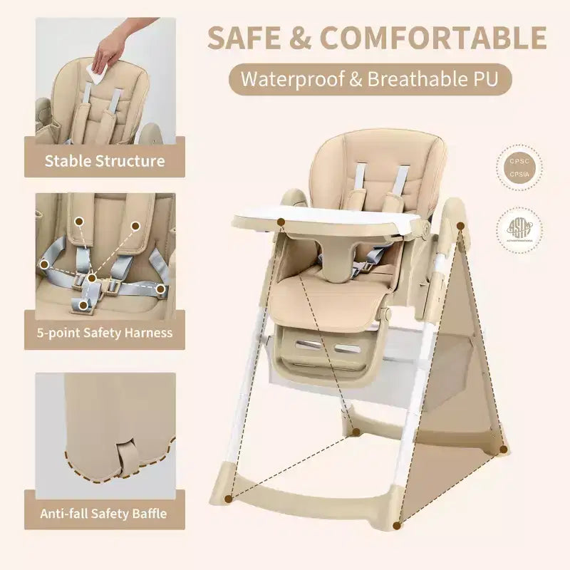 Seggiolone Pappa Pieghevole per Bambini con Imbracatura a 5 Punti - Altezza Regolabile, Vassoio Rimovibile e Ruote Bloccabili, Seggiolone Portatile in Pelle PU (Grigio Scuro)