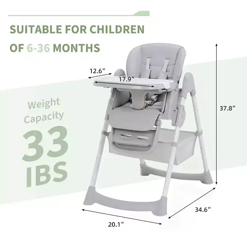 Seggiolone Pappa Pieghevole per Bambini con Imbracatura a 5 Punti - Altezza Regolabile, Vassoio Rimovibile e Ruote Bloccabili, Seggiolone Portatile in Pelle PU (Grigio Scuro)