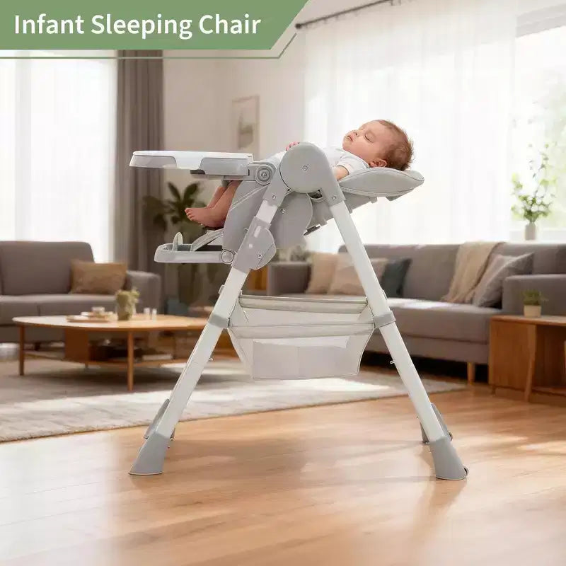 Seggiolone Pappa Pieghevole per Bambini con Imbracatura a 5 Punti - Altezza Regolabile, Vassoio Rimovibile e Ruote Bloccabili, Seggiolone Portatile in Pelle PU (Grigio Scuro)