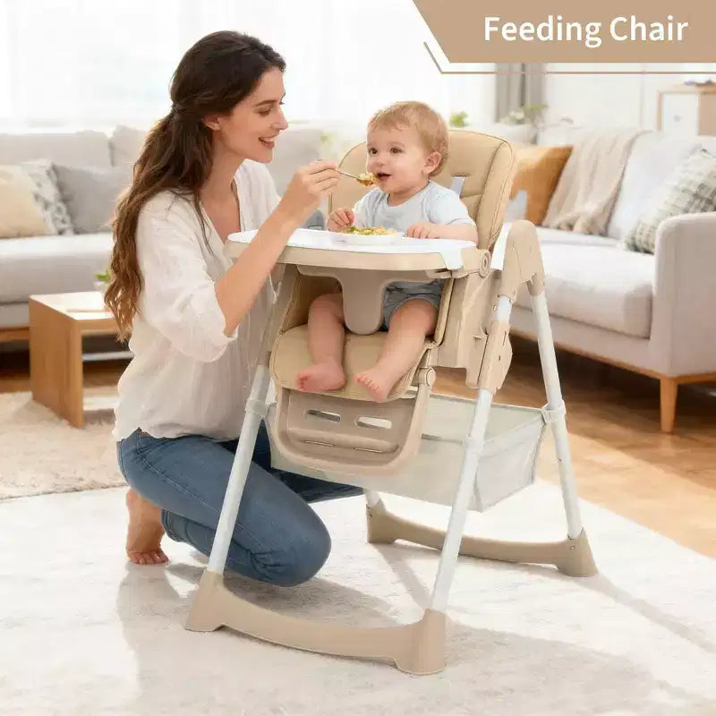 Seggiolone Pappa Pieghevole per Bambini con Imbracatura a 5 Punti - Altezza Regolabile, Vassoio Rimovibile e Ruote Bloccabili, Seggiolone Portatile in Pelle PU (Grigio Scuro)