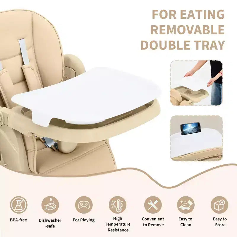 Seggiolone Pappa Pieghevole per Bambini con Imbracatura a 5 Punti - Altezza Regolabile, Vassoio Rimovibile e Ruote Bloccabili, Seggiolone Portatile in Pelle PU (Grigio Scuro)