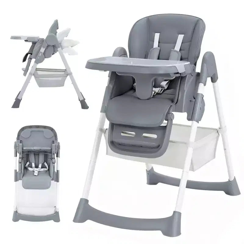 Seggiolone Pappa Pieghevole per Bambini con Imbracatura a 5 Punti - Altezza Regolabile, Vassoio Rimovibile e Ruote Bloccabili, Seggiolone Portatile in Pelle PU (Grigio Scuro)