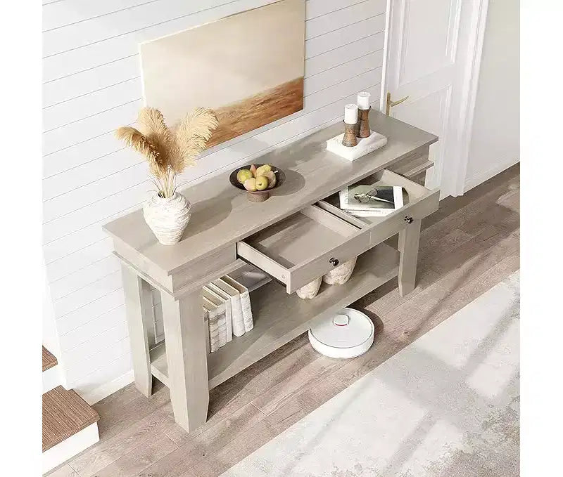 Consolle con 2 Cassetti e Ripiano Aperto, Tavolo da Divano Lungo 54 Pollici in Stile Industriale, con Ripiano Contenitore