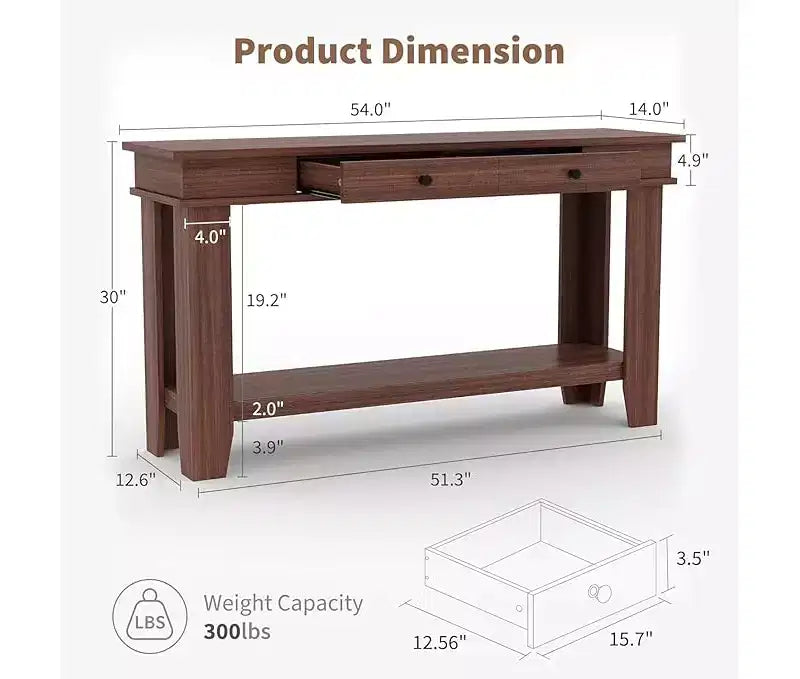 Consolle con 2 Cassetti e Ripiano Aperto, Tavolo da Divano Lungo 54 Pollici in Stile Industriale, con Ripiano Contenitore