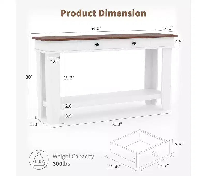 Consolle con 2 Cassetti e Ripiano Aperto, Tavolo da Divano Lungo 54 Pollici in Stile Industriale, con Ripiano Contenitore