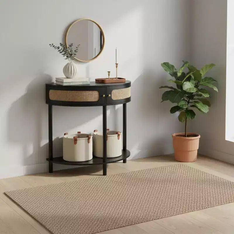 FurnitureR Half-Moon Entryway Table with Rattan Front, MDF Top & Solid Wood Legs, 31.5 Console Table with Storage Drawer for Hallway Living Room