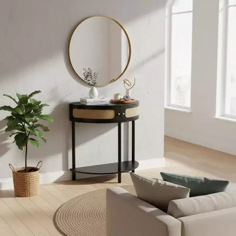 Consolle d'ingresso FurnitureR a mezza luna con frontale in rattan, ripiano in MDF e gambe in legno massello, tavolino console da 80 cm con cassetto portaoggetti per corridoio e soggiorno