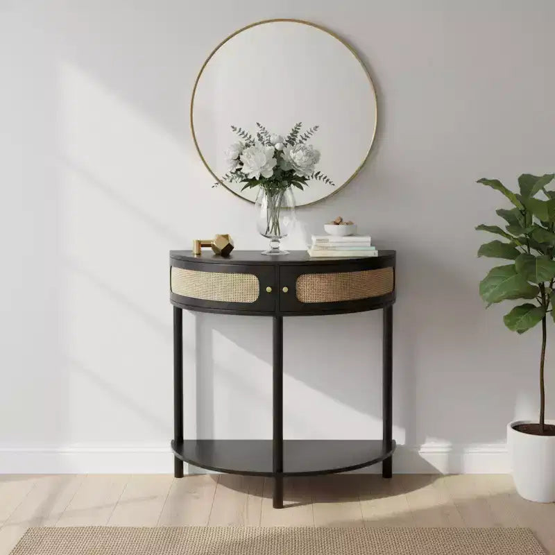Consolle d'ingresso FurnitureR a mezza luna con frontale in rattan, ripiano in MDF e gambe in legno massello, tavolino console da 80 cm con cassetto portaoggetti per corridoio e soggiorno