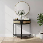 Consolle d'ingresso FurnitureR a mezza luna con frontale in rattan, ripiano in MDF e gambe in legno massello, tavolino console da 80 cm con cassetto portaoggetti per corridoio e soggiorno