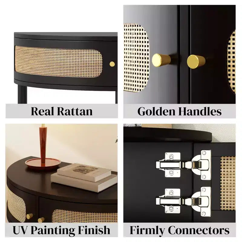 Consolle d'ingresso FurnitureR a mezza luna con frontale in rattan, ripiano in MDF e gambe in legno massello, tavolino console da 80 cm con cassetto portaoggetti per corridoio e soggiorno