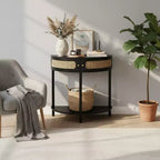 Consolle d'ingresso FurnitureR a mezza luna con frontale in rattan, ripiano in MDF e gambe in legno massello, tavolino console da 80 cm con cassetto portaoggetti per corridoio e soggiorno