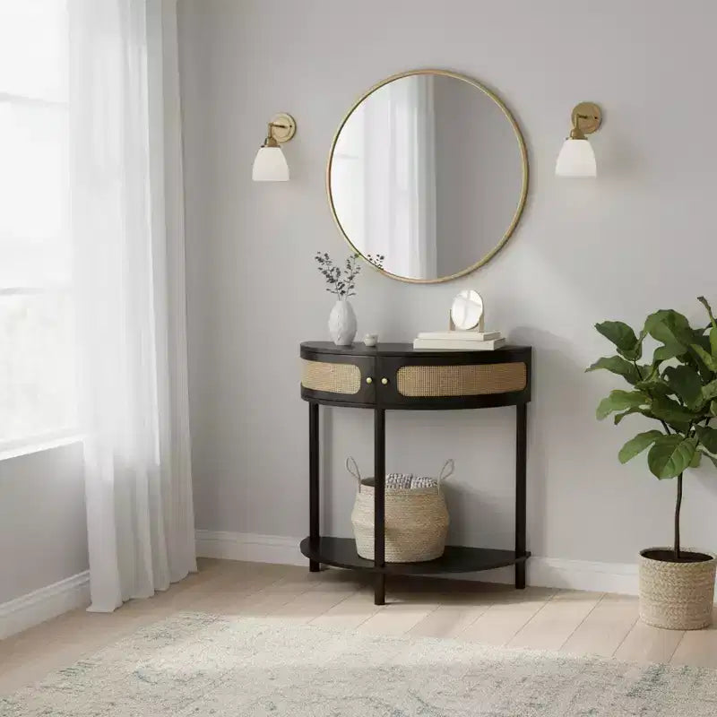 Consolle d'ingresso FurnitureR a mezza luna con frontale in rattan, ripiano in MDF e gambe in legno massello, tavolino console da 80 cm con cassetto portaoggetti per corridoio e soggiorno