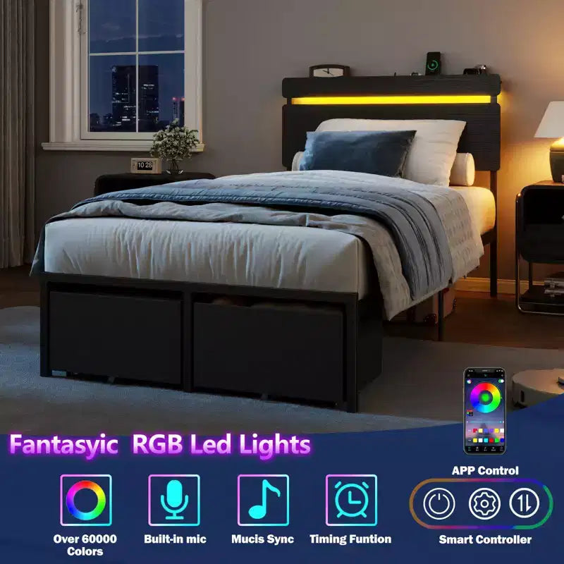 Struttura Letto Singolo Nero con Cassetti Contenitori e Scaffale Incorporati, Stazione di Ricarica, Luci LED, Supporto in Metallo, Testiera in Legno, Stile Industriale