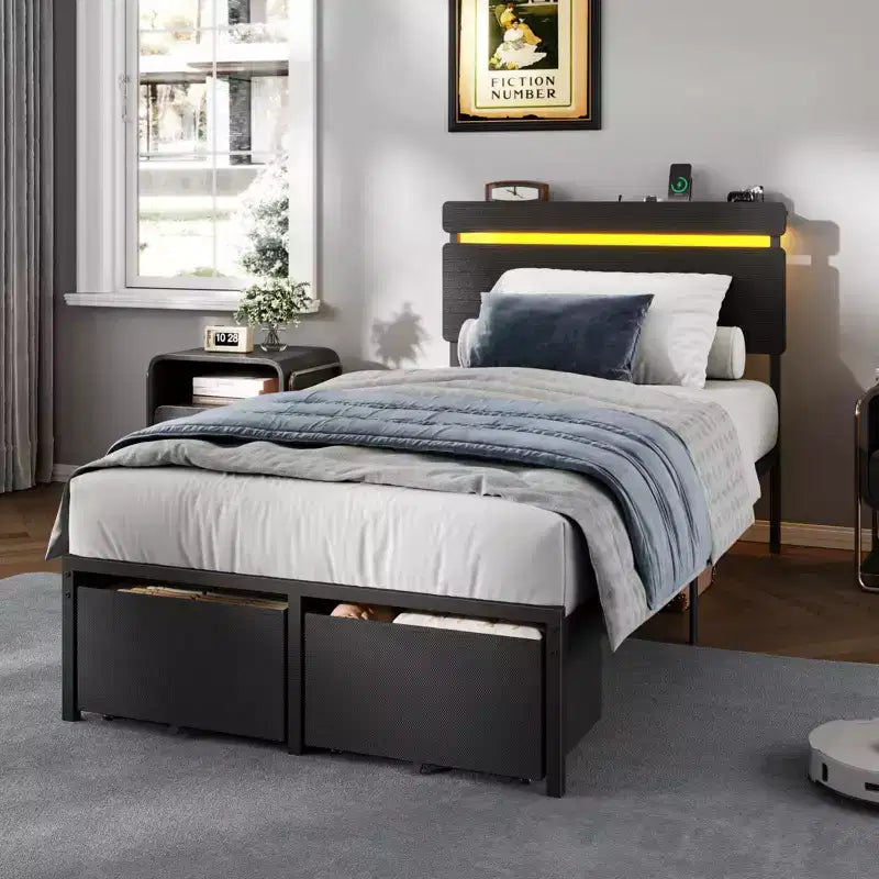 Struttura Letto Singolo Nero con Cassetti Contenitori e Scaffale Incorporati, Stazione di Ricarica, Luci LED, Supporto in Metallo, Testiera in Legno, Stile Industriale