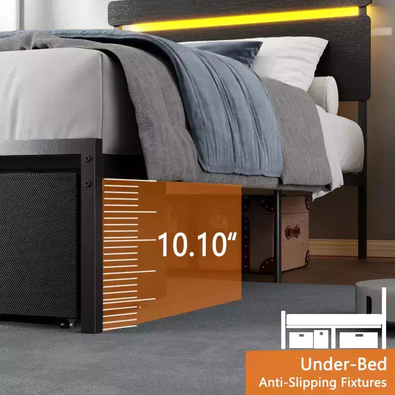 Struttura Letto Singolo Nero con Cassetti Contenitori e Scaffale Incorporati, Stazione di Ricarica, Luci LED, Supporto in Metallo, Testiera in Legno, Stile Industriale