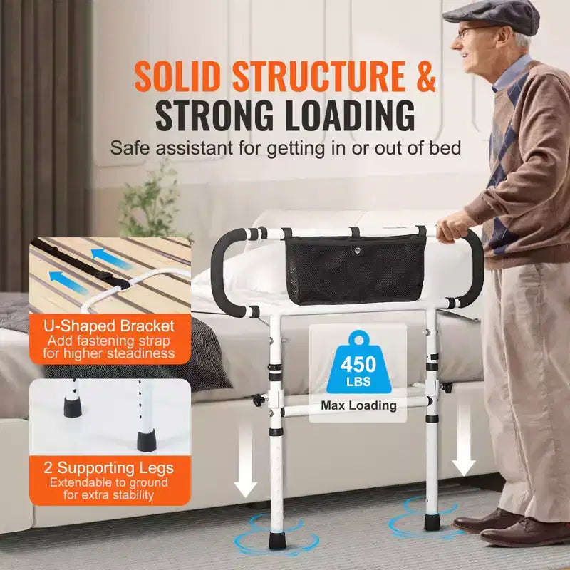 VEVOR Sponde Letto per Anziani, Sponde Letto Pieghevoli a 180° per Anziani, Sponde Laterali per Letto con Carico 450 LBS, Bastone per Letto, Bianco