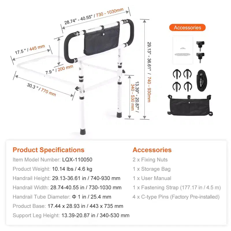 VEVOR Sponde Letto per Anziani, Sponde Letto Pieghevoli a 180° per Anziani, Sponde Laterali per Letto con Carico 450 LBS, Bastone per Letto, Bianco