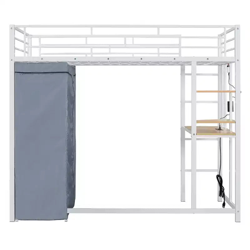 Letto a soppalco in metallo GDFStudio Meyer con scrivania, mensole, presa di corrente, luce LED e armadio