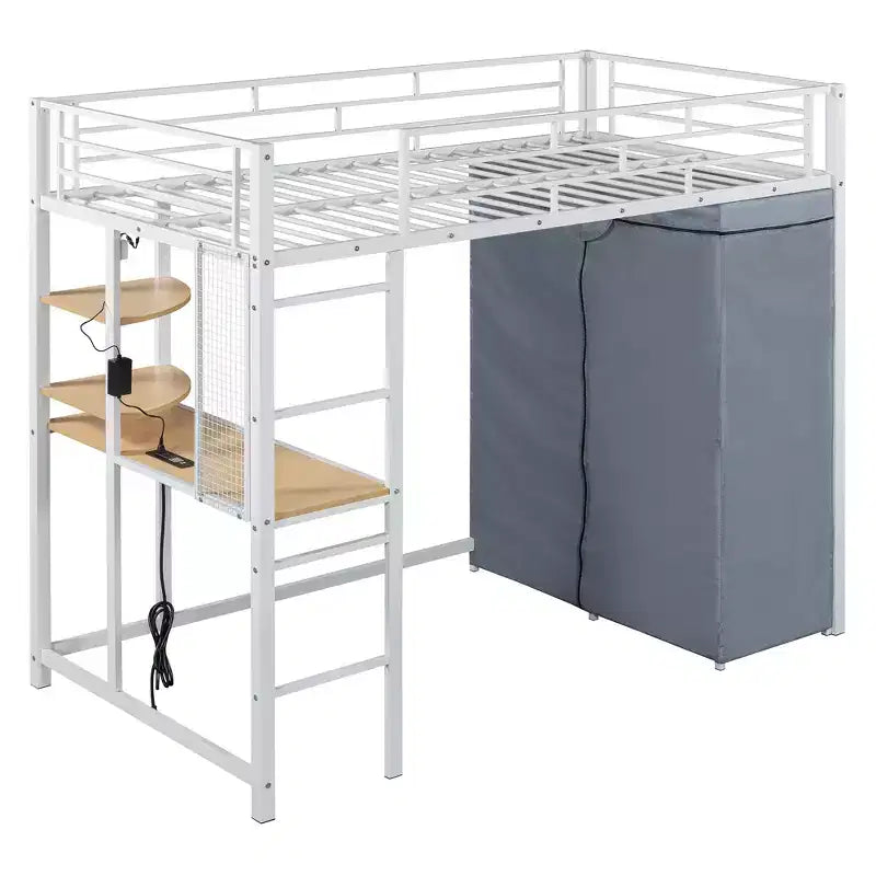 Letto a soppalco in metallo GDFStudio Meyer con scrivania, mensole, presa di corrente, luce LED e armadio