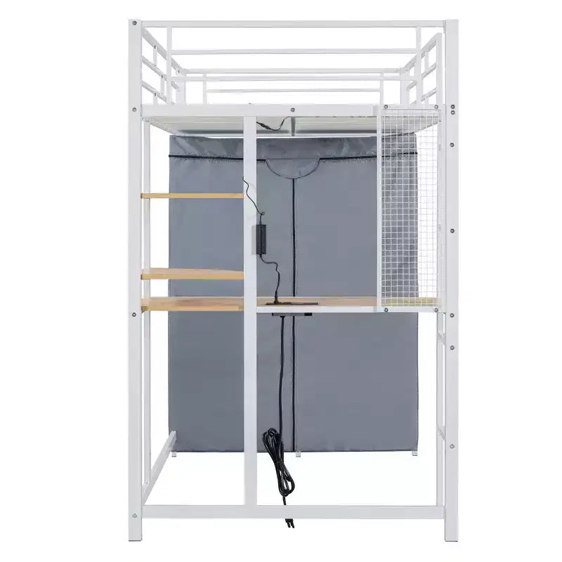 Letto a soppalco in metallo GDFStudio Meyer con scrivania, mensole, presa di corrente, luce LED e armadio
