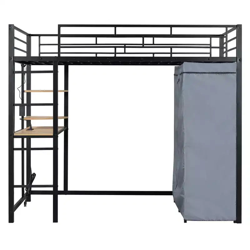Letto a soppalco in metallo GDFStudio Meyer con scrivania, mensole, presa di corrente, luce LED e armadio