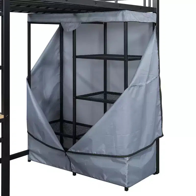 Letto a soppalco in metallo GDFStudio Meyer con scrivania, mensole, presa di corrente, luce LED e armadio